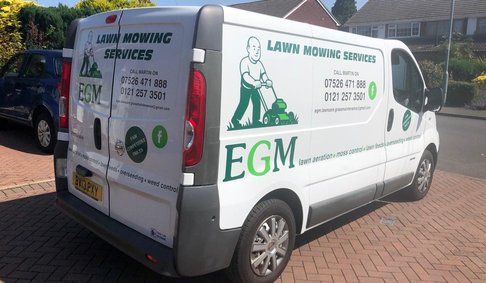 Nissan Primastar vehicle graphics for EGM Lawn Mowing Services.