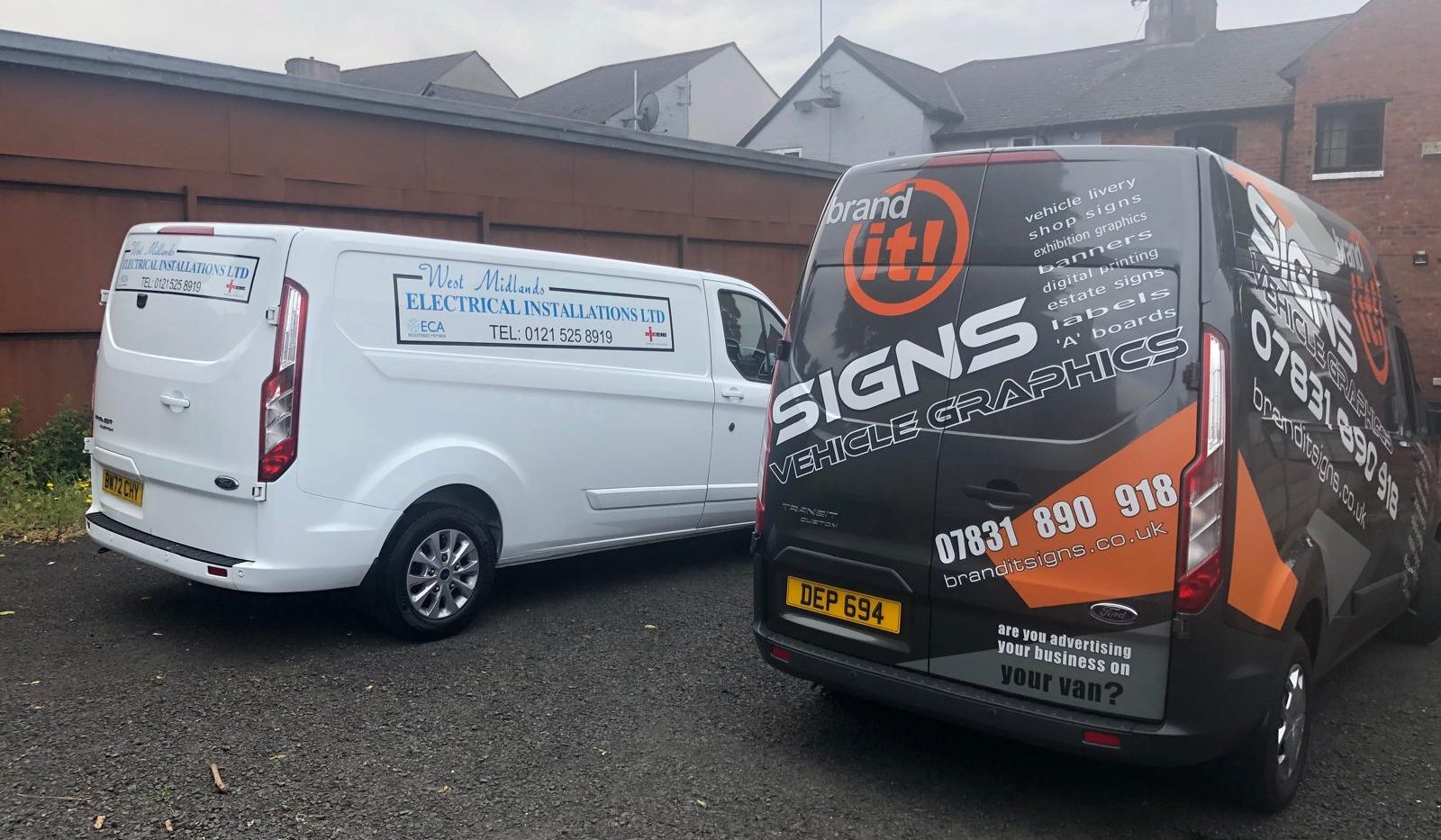 West Midlands Electrical Installations. Simple vehicle graphics for Ford Transit Custom Van alongside Brandit Signs Ford Transit signwritten Transit Van