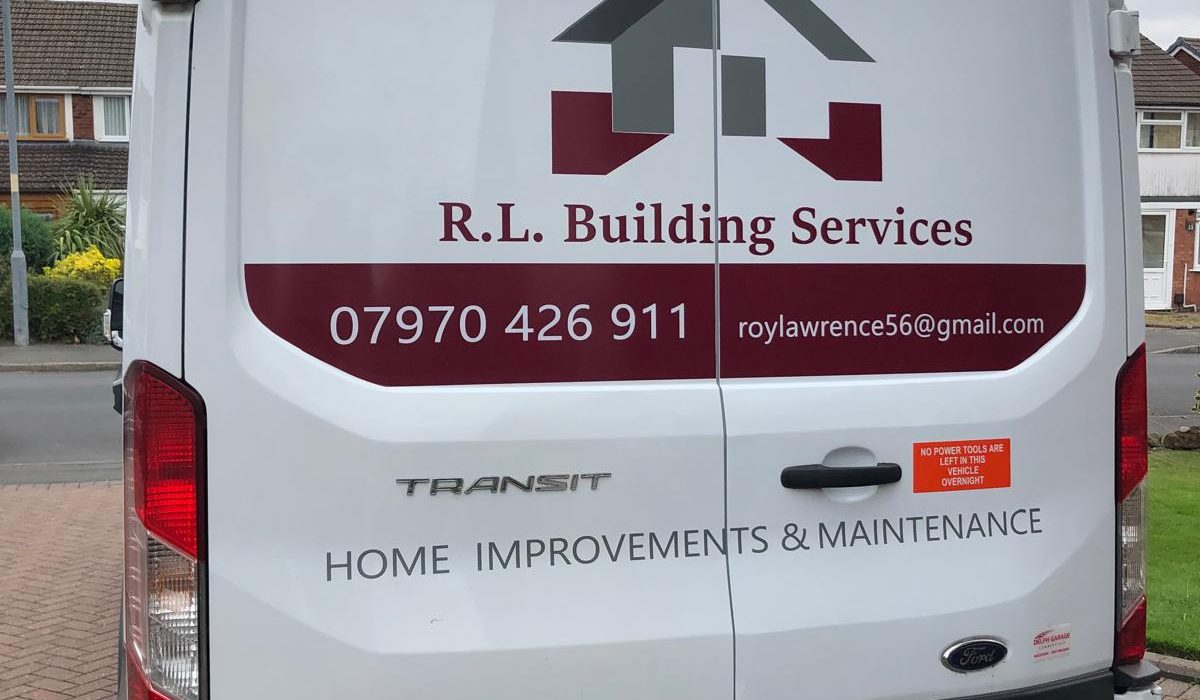 Ford Transit rear vehicle livery in silver grey & maroon vinyl.